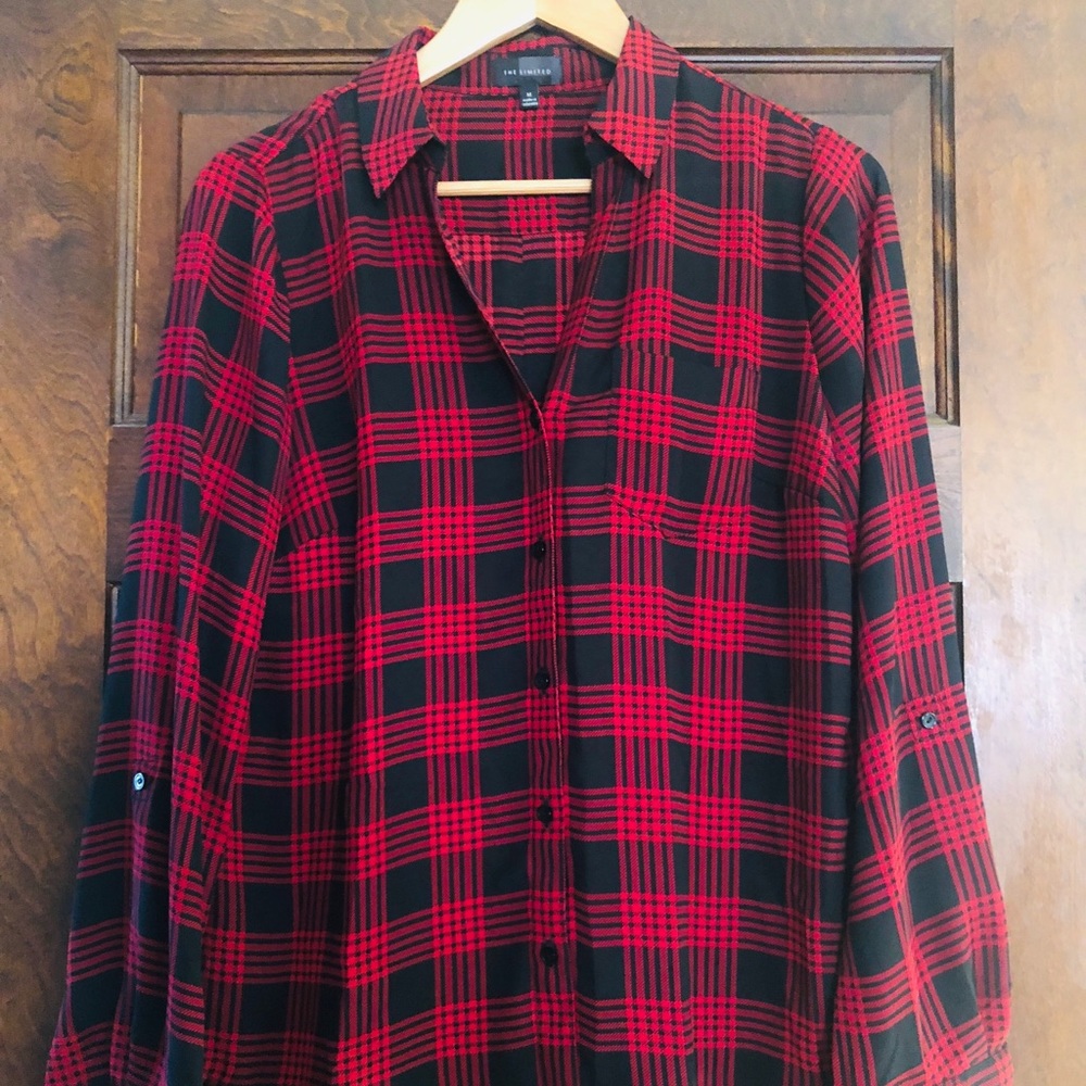 Red and black plaid faux silk button down blouse